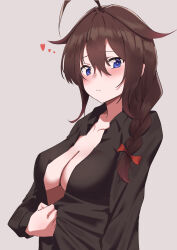 Rule 34 | 1girl, absurdres, ahoge, black shirt, blue eyes, blush, braid, breasts, brown hair, cleavage, collared shirt, from side, grey background, hair between eyes, hair over shoulder, hair ribbon, heart, highres, kantai collection, lanthan, long hair, looking at viewer, looking to the side, medium breasts, red ribbon, ribbon, shigure (kancolle), shirt, simple background, single braid, solo, upper body