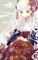 Rule 34 | 1girl, :/, alternate costume, bow, closed mouth, commentary, flower, fujiwara no mokou, hair bow, hair flower, hair ornament, hakama, hakama skirt, hanten (clothes), interlocked fingers, japanese clothes, kimono, leaf print, looking at viewer, nikorashi-ka, ofuda, ofuda on clothes, own hands together, red bow, red eyes, red flower, red skirt, skirt, solo, touhou, two-tone bow, white bow, white hair, white kimono