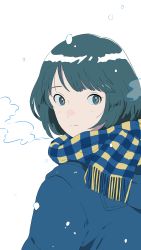 Rule 34 | 1girl, ame (amemgmgmg), bad id, bad pixiv id, blue eyes, blue hair, blue scarf, closed mouth, coat, from behind, highres, looking at viewer, looking back, original, scarf, short hair, smile, snow, solo, winter clothes