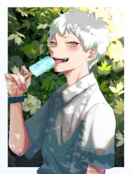 Rule 34 | 1boy, annyu, blue eyes, blush, dappled sunlight, day, eating, fangs, food, hand up, highres, hikaru (hikaru ga shinda natsu), hikaru ga shinda natsu, holding, holding food, holding popsicle, leaf, male focus, outdoors, popsicle, red pupils, shirt, short sleeves, solo, sunlight, tongue, tongue out, watch, white hair, white shirt, wristwatch