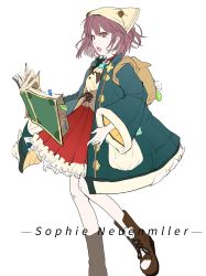 Rule 34 | 1girl, atelier (series), atelier sophie, book, boots, brown eyes, brown hair, character name, coat, corset, cross-laced footwear, female focus, hat, highres, jacket, lace-up boots, open clothes, open coat, open mouth, short hair, skirt, solo, sophie neuenmuller, tsuminaya