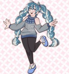 1girl absurdres artist_name black_pants blue_footwear blue_hair clothing_cutout emmiewowie finnish_miku_(doodlelotl) full_body grey_sweater hair_ornament hairclip hatsune_miku highres leaf leg_up long_hair multicolored_hair open_mouth pants pink_background shippou_(pattern) shoulder_cutout slippers smile socks solo standing streaked_hair sweater very_long_hair vocaloid white_hair white_socks