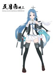 Rule 34 | 1girl, absurdres, adapted turret, black gloves, black thighhighs, blue eyes, blue hair, blue neckerchief, brown footwear, cannon, character name, elbow gloves, fingerless gloves, full body, gloves, highres, kantai collection, loafers, long hair, looking at viewer, miniskirt, neckerchief, neve (morris-minicooper), original remodel (kantai collection), pleated skirt, rigging, samidare (kancolle), scarf, school uniform, serafuku, shoes, skirt, smile, solo, standing, thigh strap, thighhighs, torpedo launcher, very long hair, white background, white scarf, white skirt