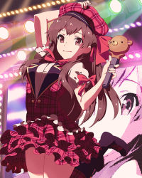Rule 34 | 10s, 1girl, bow, brown eyes, brown hair, cowboy shot, frills, hat, jumping, lamp, layered skirt, light, light rays, long hair, looking at viewer, microphone, official art, ooishi hina, plaid, puffy short sleeves, puffy sleeves, red bow, red ribbon, red skirt, ribbon, screen, short sleeves, skirt, solo, spotlight, stage, stage lights, standing, stuffed animal, stuffed toy, teddy bear, wake up girls!, wake up girls! stage no tenshi