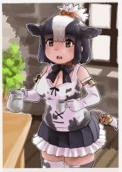 Rule 34 | 1girl, absurdres, animal ears, animal print, bare shoulders, black bow, black bowtie, black hair, black skirt, blush, bow, bowtie, breasts, brown eyes, cleavage, collar, cow ears, cow girl, cow print, cow tail, cowboy shot, elbow gloves, extra ears, frilled skirt, frills, gloves, hair between eyes, hair bow, hair bun, highres, holstein friesian cattle (kemono friends), kemono friends, large breasts, medium breasts, multicolored hair, open mouth, orange bow, pleated skirt, print shirt, print thighhighs, shirt, short hair, sidelocks, skirt, sleeveless, solo, tail, thighhighs, toriny, two-tone hair, white gloves, white hair