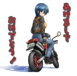 Rule 34 | 1girl, 2020, blue hair, brown gloves, censored, chinese zodiac, denim, disney, from behind, full body, gloves, green eyes, identity censor, jacket, jeans, license plate, looking back, mickey mouse, motor vehicle, motorcycle, original, pants, shio no.9, solo, translation request, year of the rat