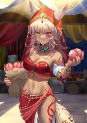 Rule 34 | 1girl, absurdres, animal ears, bandeau, bare shoulders, blonde hair, breasts, cleavage, commentary, commission, cowboy shot, detached sleeves, food, fruit, grin, heterochromia, highres, holding, holding food, holding fruit, jewelry, large breasts, long hair, looking at viewer, manjo (warito), midriff, navel, neck ring, original, pixiv commission, red eyes, sarong, short sleeves, smile, solo, standing, stomach, strapless, tail, thighs, tube top, veil, yellow eyes