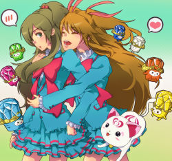 Rule 34 | 10s, 2girls, ^ ^, blue shirt, bow, brown hair, cat, closed eyes, creature, dory, dress, fary, frills, green background, green eyes, half updo, happy, houjou hibiki, hug, hug from behind, hummy (suite precure), kamatodo, lary, long hair, minamino kanade, miry, multiple girls, pink bow, precure, rery, ribbon, school uniform, shirt, sory, suite precure, tiry, twintails, two side up, yuri