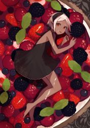 Rule 34 | 1girl, bare shoulders, barefoot, berry, black dress, blackberry (fruit), blueberry, commentary, currant, dark-skinned female, dark skin, dress, food, from above, fruit, fruit tart, halterneck, highres, horns, in food, leaf, looking at viewer, mini person, minigirl, mint, original, pastry, pointy ears, raspberry, red eyes, shiba inu (happy13227), short hair, solo, strawberry, tart (food), white hair