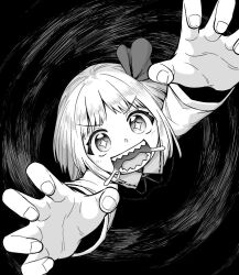 Rule 34 | + +, 1girl, ascot, blush, collared shirt, darkness, drooling, greyscale, hair ribbon, long sleeves, looking at viewer, monochrome, neck ribbon, oninamako, open mouth, outstretched arms, ribbon, rumia, sharp teeth, shirt, short hair, skirt, smile, solo, teeth, touhou, vest