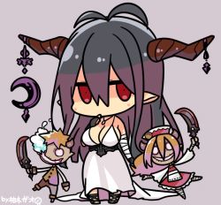 Rule 34 | 10s, 1girl, antenna hair, artist name, bandaged arm, breasts, chibi, cleavage, crescent, danua, draph, dress, granblue fantasy, gretel (granblue fantasy), hansel (granblue fantasy), horn ornament, horns, jewelry, large breasts, long hair, necklace, pointy ears, purple hair, red eyes, solo, stuffed toy, white dress, yuzuki gao