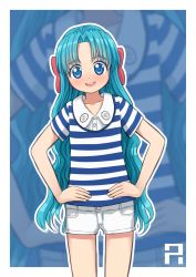 Rule 34 | 1girl, aposine, blue eyes, blue hair, blush, border, commission, hair ribbon, hands on own hips, highres, looking at viewer, matching hair/eyes, original, outline, ribbon, shirt, short shorts, shorts, solo, striped clothes, striped shirt, wavy hair