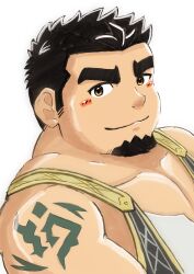 Rule 34 | 1boy, absurdres, bara, beard, black hair, blush stickers, crave saga, facial hair, from side, highres, huge eyebrows, looking at viewer, male focus, medium sideburns, muscular, muscular male, pectoral cleavage, pectorals, protagonist (crave saga), satono (satopu v2), short hair, sideburns stubble, solo, stubble, thick beard, upper body