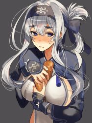 Rule 34 | 1girl, ainu clothes, arm warmers, bad id, bad twitter id, between breasts, blue capelet, blue eyes, blue headband, breasts, capelet, carrot, embarrassed, folded ponytail, grey background, headband, highres, inusaka, kamoi (kancolle), kantai collection, large breasts, long hair, looking at viewer, noseblush, oekaki, pelvic curtain, sexually suggestive, sideboob, silver hair, simple background, solo, sweatdrop, thick eyebrows, upper body