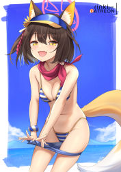 Rule 34 | 1girl, :d, animal ear fluff, animal ears, bare arms, bare shoulders, bikini, blue archive, blue bikini, blue shorts, breasts, brown hair, cleavage, clothes pull, cowboy shot, denim, denim shorts, eyeshadow, fang, fox ears, fox girl, fox tail, groin, halo, highleg, highleg bikini, highres, izuna (blue archive), izuna (swimsuit) (blue archive), lo xueming, looking at viewer, makeup, medium breasts, micro shorts, navel, official alternate costume, open mouth, pulled by self, scarf, short hair, shorts, shorts pull, skindentation, slit pupils, smile, solo, stomach, string bikini, striped bikini, striped clothes, swimsuit, tail, thighs, visor cap, yellow eyes
