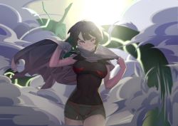 Rule 34 | 1girl, backlighting, bare arms, behind another, black hair, boots, breasts, cape, commentary, covered navel, cowboy shot, creatures (company), day, dragon, game freak, gen 3 pokemon, hands up, highres, komadera, legendary pokemon, looking at viewer, medium hair, nintendo, outdoors, parted lips, pokemon, pokemon (creature), pokemon oras, rayquaza, red eyes, shirt, shorts, skin tight, sleeveless, sleeveless shirt, smile, smoke, solo focus, symbol-only commentary, thigh boots, thighhighs, zinnia (pokemon)