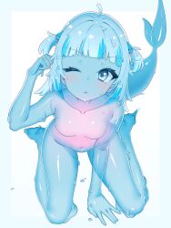 Rule 34 | 1girl, absurdres, ahoge, blue eyes, blue hair, blush, breasts, closed mouth, fins, fish tail, gawr gura, hair ornament, highres, hololive, hololive english, looking at viewer, lucasyecla99, monster girl, multicolored hair, navel, one eye closed, shark girl, shark hair ornament, shark tail, simple background, sitting, slime girl, small breasts, solo, streaked hair, tail, two side up, virtual youtuber, wariza, white background