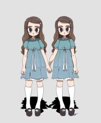 Rule 34 | 2girls, brown hair, child, dress, expressionless, female focus, full body, grady sisters (the shining), hair ornament, hairclip, holding hands, iii (artist), kneehighs, long hair, multiple girls, siblings, socks, standing, the shining, twins