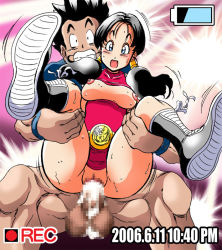 Rule 34 | 00s, 1boy, 1girl, 2006, altair (artist), black hair, blue eyes, blush, breasts, breasts out, censored, clenched teeth, cum, cum in pussy, dated, dragon ball, dragonball z, held up, hetero, large testicles, long hair, looking at viewer, mosaic censoring, muscular, no bra, no panties, open mouth, cum overflow, recording, sex, short hair, son gohan, spread legs, sweat, takimoto dojo, teeth, testicles, twintails, vaginal, videl