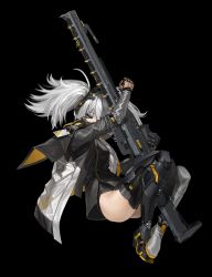 Rule 34 | &gt; &lt;, 1girl, absurdres, arm up, badge, black background, boots, cape, closed eyes, full body, grey cape, grey footwear, gun, hair between eyes, hair ornament, highres, holding, holding gun, holding weapon, long sleeves, mask, mechanical arms, messy hair, mouth mask, original, qiongsheng, rifle, scope, silver hair, simple background, sniper rifle, solo, thighhighs, twintails, weapon