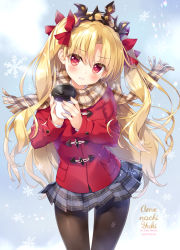 Rule 34 | 1girl, ameto yuki, blonde hair, blush, bow, brown pantyhose, brown scarf, chromatic aberration, coat, coffee cup, commentary request, cup, disposable cup, duffel coat, ereshkigal (fate), fate/grand order, fate (series), fingernails, fringe trim, grey skirt, hair between eyes, hair bow, head tilt, holding, holding cup, long hair, long sleeves, looking at viewer, pantyhose, parted lips, plaid, plaid scarf, plaid skirt, pleated skirt, red bow, red coat, red eyes, scarf, skirt, sleeves past wrists, snowflakes, solo, tiara, two side up, very long hair
