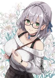 Rule 34 | 1girl, absurdres, between breasts, black-framed eyewear, black299nya, black choker, blue ribbon, blush, braid, breasts, brown skirt, choker, closed mouth, collarbone, commentary request, fingernails, floral background, flower, french braid, glasses, green eyes, grey hair, hair ribbon, highres, hololive, large breasts, light smile, lily (flower), long fingernails, long sleeves, looking at viewer, off-shoulder sweater, off shoulder, official alternate costume, official alternate hairstyle, pendant choker, plaid, plaid skirt, ribbed sweater, ribbon, shirogane noel, shirogane noel (casual), short hair, skirt, snowflake pendant, solo, strap between breasts, sweater, sweater tucked in, virtual youtuber, watch, wristwatch