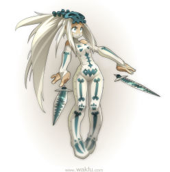 Rule 34 | 1girl, blue eyes, bodysuit, breasts, bridal gauntlets, dagger, dual wielding, floating, floating object, forehead protector, holding, knife, long hair, mask, mouth mask, skull, small breasts, solo, sram, very long hair, wakfu, watermark, weapon, web address, white hair, xaxaxa