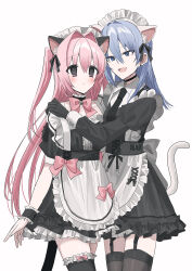 Rule 34 | 2girls, :d, :o, animal ear fluff, animal ears, apron, black dress, black gloves, black necktie, black ribbon, black thighhighs, blue eyes, blue hair, blush, cat ears, cat tail, chihuri, commentary request, dress, earrings, ende (chihuri), fake animal ears, frilled apron, frilled dress, frills, garter straps, gloves, hair between eyes, hair intakes, hair ribbon, hand on another&#039;s shoulder, highres, jewelry, juliet sleeves, long hair, long sleeves, maid, maid headdress, multiple girls, nea (chihuri), necktie, open mouth, original, parted lips, pink hair, puffy short sleeves, puffy sleeves, purple eyes, ribbon, short sleeves, simple background, smile, stud earrings, tail, thighhighs, two side up, very long hair, white apron, white background