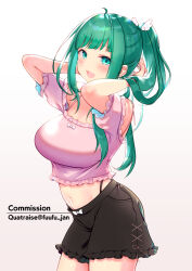 Rule 34 | 1girl, amano nene (vtuber), aqua hair, arms behind head, bare shoulders, black panties, black shorts, blush, breasts, choppy bangs, commission, contrapposto, cowboy shot, crop top, cropped shirt, frilled shirt, frills, green eyes, green hair, hands up, highleg, highleg panties, highres, large breasts, looking at viewer, off-shoulder shirt, off shoulder, official alternate costume, official alternate hairstyle, open mouth, panties, panty straps, pink shirt, ponytail, production kawaii, quatraise, shirt, shorts, sidelocks, smile, solo, spaghetti strap, twitter username, underwear, virtual youtuber, wing hair ornament