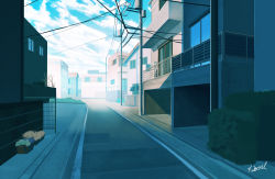 Rule 34 | bad id, bad pixiv id, blue sky, blue theme, building, bush, cloud, cloudy sky, commentary request, hakuurei amano, highres, house, no humans, original, outdoors, power lines, road, scenery, sky, street, summer, utility pole, watermark, window