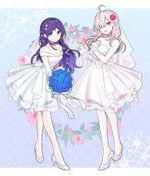 Rule 34 | 2girls, :3, ahoge, aiba uiha, bare shoulders, blue eyes, blue flower, blue hair, blue rose, bouquet, bow, braid, breasts, closed mouth, collarbone, commentary request, dress, dress bow, earrings, flower, full body, grey hair, hair bow, hair flower, hair ornament, hair over one eye, high heels, highres, holding, holding bouquet, jewelry, lace-trimmed cuffs, long hair, looking at viewer, medium breasts, multiple girls, nijisanji, off-shoulder dress, off shoulder, pink eyes, red flower, red rose, rose, shoes, smile, strapless, strapless dress, sukoya kana, veil, virtual youtuber, waka (wk4444), wedding dress, white bow, white footwear, wrist cuffs