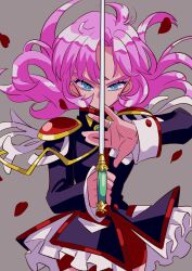 Rule 34 | 1girl, absurdres, aiguillette, black jacket, blue eyes, cowboy shot, epaulettes, floating hair, flower, grey background, highres, holding, holding sword, holding weapon, jacket, jewelry, kodama (marugoto omikan), long hair, long sleeves, petals, pink hair, rapier, ring, rose, shoujo kakumei utena, solo, standing, sword, sword in front of face, sword of dios, tenjou utena, weapon, white flower, white rose