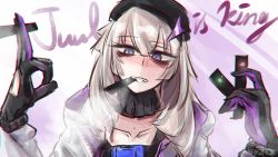 Rule 34 | 1girl, aa-12 (girls&#039; frontline), bad id, bad pixiv id, bags under eyes, blue eyes, blush, buckle, choker, closed mouth, girls&#039; frontline, gloves, hair ornament, hat, heart, heart-shaped pupils, looking at viewer, rkzrok, silver hair, smile, smoking, snap-fit buckle, solo, star (symbol), star hair ornament, symbol-shaped pupils, tagme