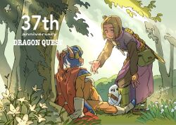 Rule 34 | 2boys, anniversary, armor, belt bag, bent over, black undershirt, blue eyes, blue headwear, boots, brown hair, cape, closed mouth, coat, commentary request, dragon quest, dragon quest i, dragon quest xi, fake horns, flower, full body, gloves, grass, hand on own knee, helmet, hero (dq1), hero (dq11), high collar, highres, horns, light rays, long sleeves, looking at another, looking down, looking up, multiple boys, orange pants, orange shirt, outdoors, outstretched hand, pants, parted bangs, purple coat, red cape, shirt, shoulder armor, shoulder belt, sitting, sleeveless, sleeveless coat, smile, sunlight, sword, tree, turtleneck, twitter username, wakana 0125, weapon, weapon on back, white footwear, white gloves, yocchi (dq xi)