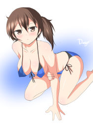 Rule 34 | 10s, 1girl, arm support, bikini, blue bikini, blush, breasts, brown eyes, brown hair, cleavage, deego (omochi bazooka), kaga (kancolle), kantai collection, kneeling, large breasts, looking at viewer, navel, open mouth, short hair, side-tie bikini bottom, side ponytail, signature, solo, swimsuit