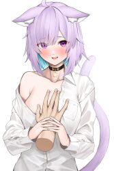 Rule 34 | 1girl, absurdres, animal collar, animal ear fluff, animal ears, blush, cat ears, cat girl, cat tail, collar, colored inner hair, disembodied hand, grabbing, grabbing another&#039;s breast, highres, hololive, multicolored hair, nekomata okayu, nekomata okayu (oversized shirt), open clothes, open mouth, open shirt, purple eyes, purple hair, short hair, simple background, smile, solo, tail, virtual youtuber, white background, yuya (yuya illust)