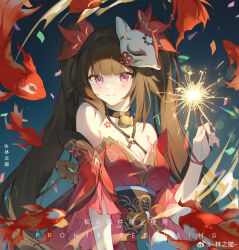 Rule 34 | 1girl, bare shoulders, bell, breasts, brown hair, cleavage, closed mouth, detached sleeves, dress, facial mark, fox mask, hair ornament, highres, holding fireworks, honkai: star rail, honkai (series), lin zhi mao, long hair, looking at viewer, mask, mask on head, neck bell, pink eyes, red dress, short sleeves, smile, solo, sparkle (honkai: star rail), tattoo, twintails, upper body