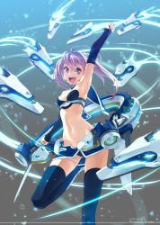 Rule 34 | 1girl, :d, arm up, bare shoulders, black thighhighs, blue skirt, blue thighhighs, character request, detached sleeves, female focus, leg up, long hair, looking at viewer, mecha musume, midriff, million chain, navel, open mouth, pink eyes, pink hair, pointing, pointing up, purple eyes, purple hair, skirt, smile, solo, source request, thighhighs, yahako, zettai ryouiki
