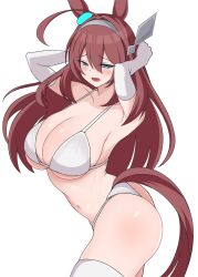 Rule 34 | 1girl, absurdres, ahoge, alternate costume, animal ears, armpits, arms up, bikini, breasts, brown hair, cleavage, commentary request, cowboy shot, ear ornament, elbow gloves, gloves, hair intakes, hair ornament, hairclip, highres, horse ears, horse girl, horse tail, large breasts, long hair, mihono bourbon (umamusume), navel, puchimosu (mosu1427), silver hairband, simple background, solo, swimsuit, tail, thighhighs, umamusume, white background, white bikini, white gloves, white thighhighs
