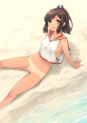 Rule 34 | 1girl, arm support, bar censor, bare arms, bare shoulders, beach, blush, bottomless, breasts, brown eyes, brown hair, censored, day, feet out of frame, from above, highres, i-401 (kancolle), kantai collection, leaning back, looking at viewer, looking up, makita yoshiharu, navel, on ground, open mouth, orange sailor collar, outdoors, ponytail, pussy, sailor collar, sand, shirt, short hair, sideboob, sitting, sleeveless, sleeveless shirt, small breasts, solo, swept bangs, tan, tanline, water, white shirt
