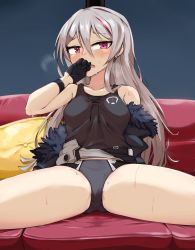 Rule 34 | 1girl, black coat, black gloves, black panties, blush, coat, couch, feather-trimmed coat, girls&#039; frontline, gloves, grey tank top, highres, kuzumotsu, long hair, looking at viewer, multicolored hair, on couch, open clothes, open coat, open mouth, panties, purple eyes, red hair, silver hair, sitting, solo, spread legs, streaked hair, t-cms (girls&#039; frontline), tank top, two-tone hair, underwear