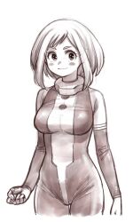 1girl bodysuit boku_no_hero_academia breasts clenched_hand greyscale highres kogawa_masayoshi looking_at_viewer medium_hair monochrome simple_background smile solo uraraka_ochako