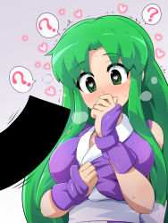 Rule 34 | 1girl, ?, arm guards, bar censor, bare shoulders, blush, breasts, censored, commentary request, covering own mouth, ganbare goemon, green eyes, green hair, hand over own mouth, heart, heart-shaped pupils, japanese clothes, kimono, konpeto, long hair, ninja, parted bangs, sash, sexually suggestive, sidelocks, sleeveless, spoken question mark, steaming body, sweat, symbol-shaped pupils, trembling, yae (ganbare goemon)