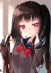 Rule 34 | 1girl, black sailor collar, blush, bow, breasts, brown hair, collarbone, commentary request, fingernails, grey shirt, hands up, highres, holding, holding own hair, long fingernails, long hair, long sleeves, looking at viewer, medium breasts, mirai (happy-floral), original, parted lips, red bow, red eyes, sailor collar, school uniform, serafuku, shirt, sleeves past wrists, solo, twintails, twintails day, upper body, very long hair