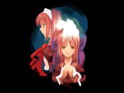 Rule 34 | 00s, 2girls, bow, expressionless, hair bow, hands on own chest, hisui (tsukihime), japanese clothes, kimono, kohaku (tsukihime), looking at viewer, looking away, maid, maid headdress, multiple girls, neck ribbon, profile, red hair, ribbon, sad, short hair, siblings, sisters, tears, tsukihime, twins, upper body, wallpaper