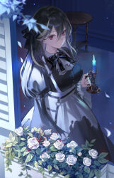 Rule 34 | 1girl, absurdres, black dress, black hair, black ribbon, blood on flower, blurry, breasts, candle, chungla, closed mouth, commentary, depth of field, dress, expressionless, flower, grey hair, hair between eyes, highres, holding, holding candle, indoors, juliet sleeves, large breasts, long hair, long sleeves, looking ahead, maid, multicolored hair, neck ribbon, original, puffy sleeves, purple eyes, ribbon, rose, solo, standing, streaked hair, symbol-only commentary, white flower, white rose