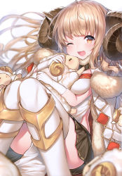Rule 34 | 1girl, absurdres, anila (granblue fantasy), animal, blush, breasts, curled horns, fur trim, gloves, granblue fantasy, highres, holding, horns, hug, long hair, looking at viewer, medium breasts, one eye closed, open mouth, pleated skirt, scan, sheep, sheep horns, shiny skin, simple background, skirt, smile, thighhighs, thighs, topia, white gloves