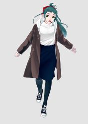 Rule 34 | 1girl, alternate costume, antenna hair, black footwear, black pantyhose, blue skirt, bow, brown coat, coat, converse, eyebrows, full body, green eyes, green hair, grey background, hair bow, highres, irako (kancolle), kantai collection, long hair, long skirt, long sleeves, ojipon, open clothes, open coat, open mouth, pantyhose, ponytail, red bow, shoes, simple background, skirt, smile, sneakers, solo, thick eyebrows, winter clothes, winter coat