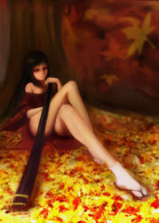 Rule 34 | 1girl, autumn, autumn leaves, bare shoulders, breasts, cleavage, ikelag, japanese clothes, legs, sitting, solo, sword, tabi, weapon