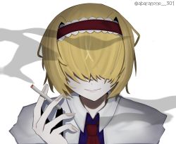 Rule 34 | 1girl, abarabone 301, alice margatroid, blonde hair, blue dress, capelet, cigarette, closed mouth, collared capelet, commentary, cookie (touhou), dress, fingernails, frilled hairband, frills, grey nails, hair between eyes, hair intakes, hair over eyes, hairband, highres, holding, holding cigarette, jigen (cookie), nail polish, necktie, portrait, red hairband, red necktie, short hair, simple background, smile, smoking, solo, touhou, white background, white capelet